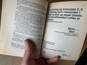 "Bold writing on pgs. 92–93 of Microserfs, by Douglas Coupland"